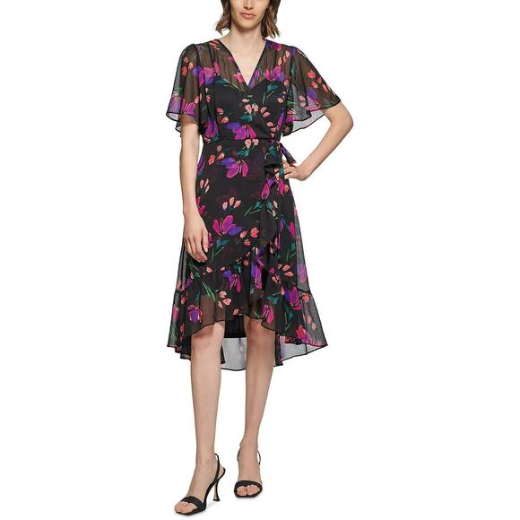Calvin Klein Womens Floral Print Hi-Low Wrap Dress | 4 - Picture 1 of 3